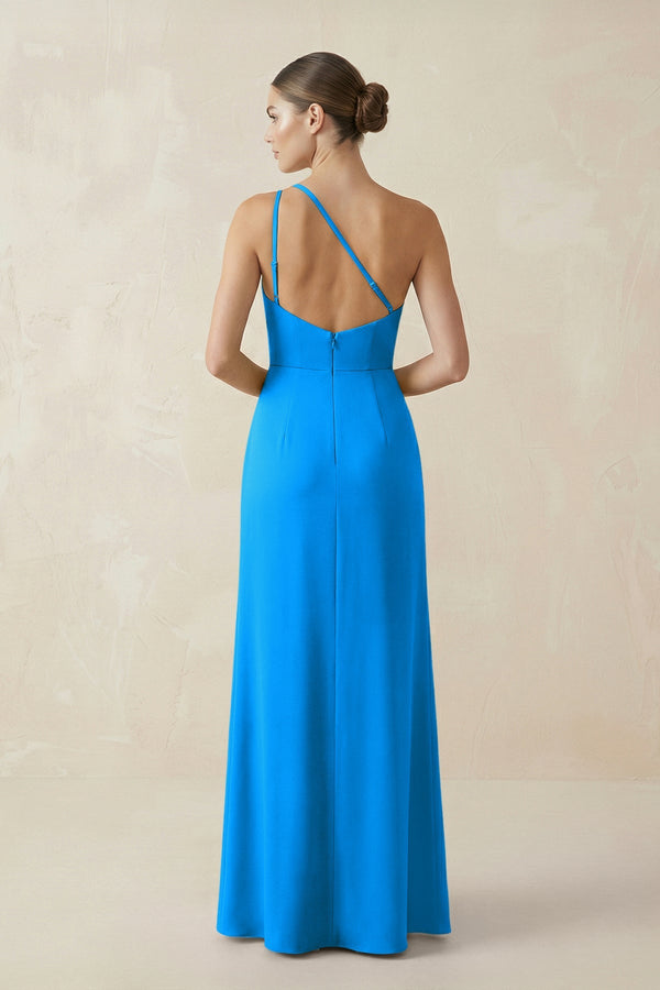 Sheath One - Shoulder Ruched Bridesmaid Dress With Slit in Blue Jay - KISS BRIDAL Bridesmaid Dresses