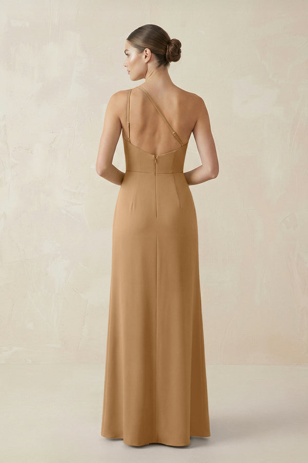 Sheath One - Shoulder Ruched Bridesmaid Dress With Slit in Bronzer - KISS BRIDAL Bridesmaid Dresses