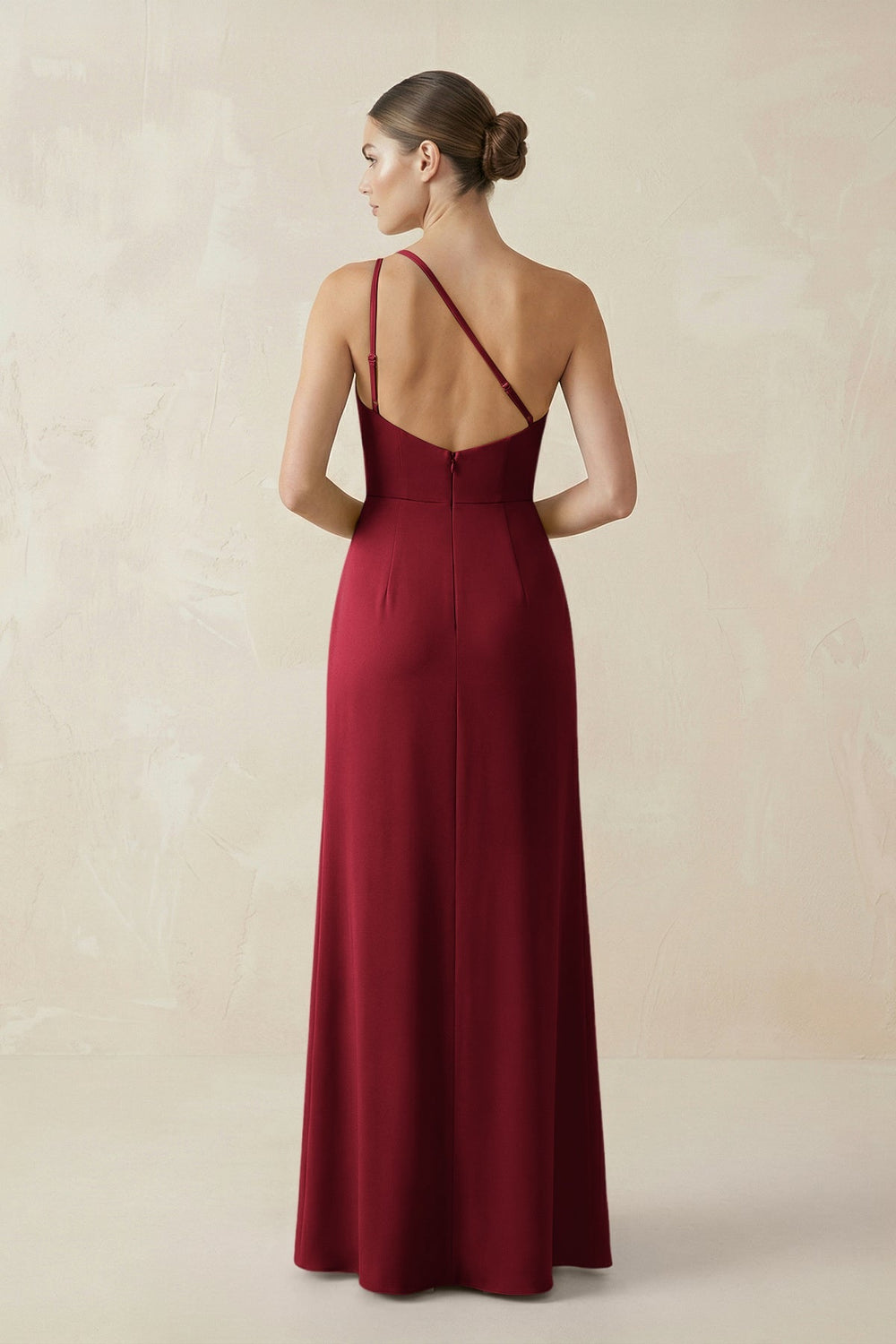 Sheath One - Shoulder Ruched Bridesmaid Dress With Slit in Burgundy - KISS BRIDAL Bridesmaid Dresses