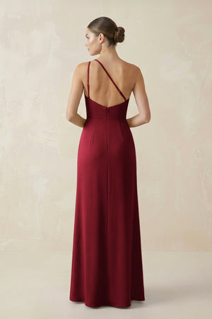 Sheath One - Shoulder Ruched Bridesmaid Dress With Slit in Burgundy - KISS BRIDAL Bridesmaid Dresses