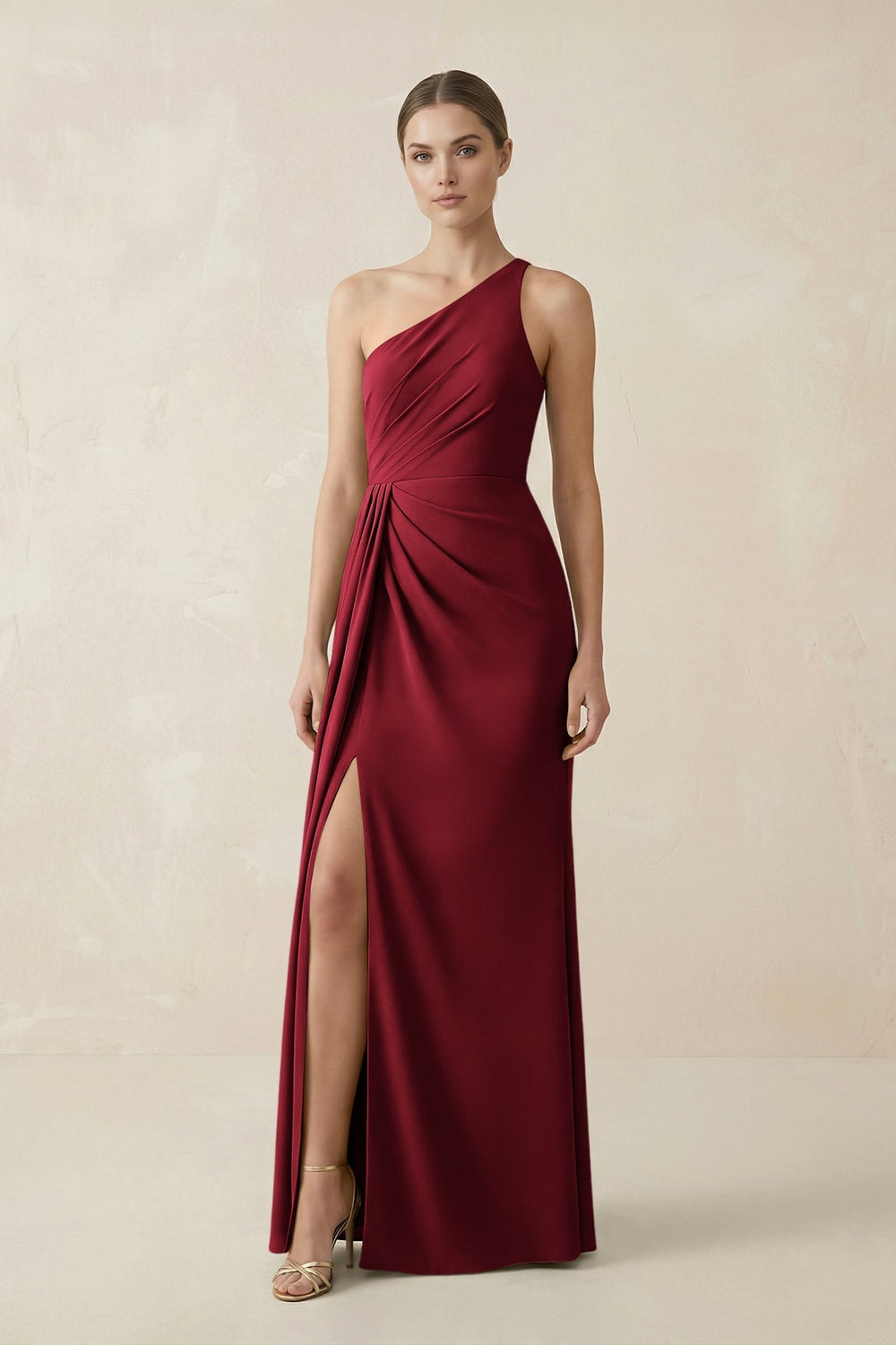 Sheath One - Shoulder Ruched Bridesmaid Dress With Slit in Burgundy - KISS BRIDAL Bridesmaid Dresses