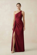 Sheath One - Shoulder Ruched Bridesmaid Dress With Slit in Burgundy - KISS BRIDAL Bridesmaid Dresses