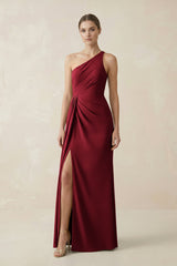 Sheath One - Shoulder Ruched Bridesmaid Dress With Slit in Burgundy - KISS BRIDAL Bridesmaid Dresses