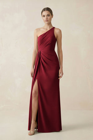 Sheath One - Shoulder Ruched Bridesmaid Dress With Slit in Burgundy - KISS BRIDAL Bridesmaid Dresses