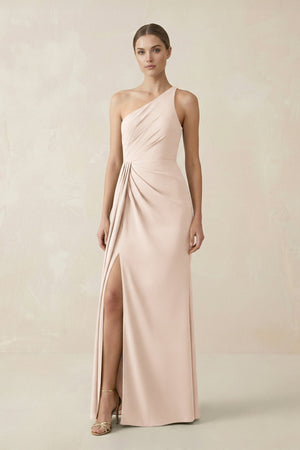 Sheath One - Shoulder Ruched Bridesmaid Dress With Slit in Buttercream - KISS BRIDAL Bridesmaid Dresses
