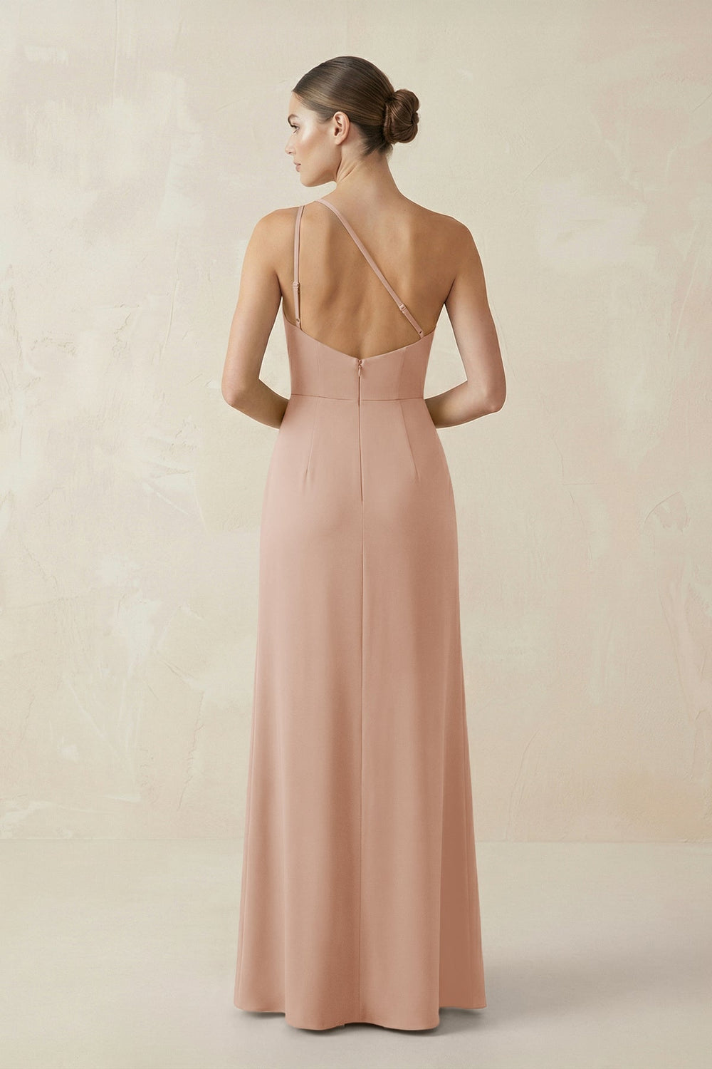 Sheath One - Shoulder Ruched Bridesmaid Dress With Slit in Champagne Rose - KISS BRIDAL Bridesmaid Dresses
