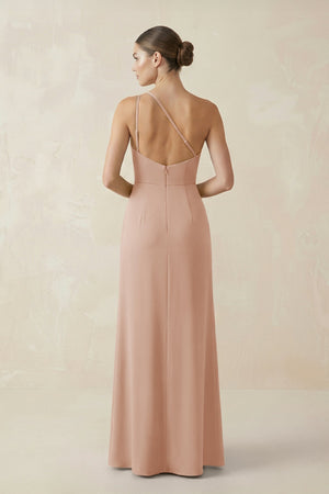 Sheath One - Shoulder Ruched Bridesmaid Dress With Slit in Champagne Rose - KISS BRIDAL Bridesmaid Dresses
