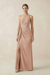 Sheath One - Shoulder Ruched Bridesmaid Dress With Slit in Champagne Rose - KISS BRIDAL Bridesmaid Dresses