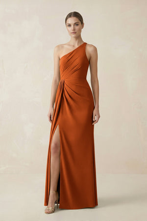 Sheath One - Shoulder Ruched Bridesmaid Dress With Slit in Cinnamon - KISS BRIDAL Bridesmaid Dresses