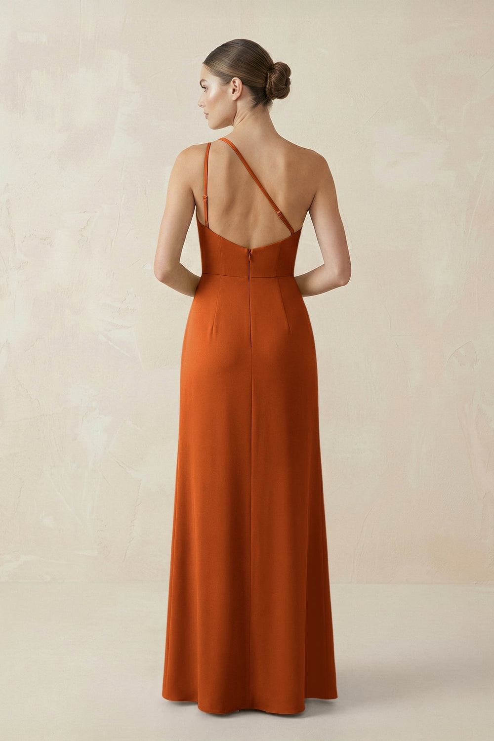Sheath One - Shoulder Ruched Bridesmaid Dress With Slit in Cinnamon - KISS BRIDAL Bridesmaid Dresses