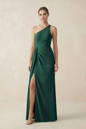 Sheath One - Shoulder Ruched Bridesmaid Dress With Slit in Dark Green - KISS BRIDAL Bridesmaid Dresses