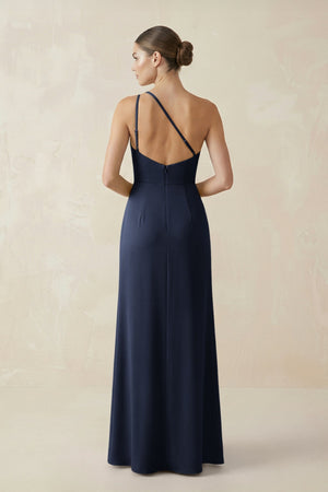 Sheath One - Shoulder Ruched Bridesmaid Dress With Slit in Dark Navy - KISS BRIDAL Bridesmaid Dresses