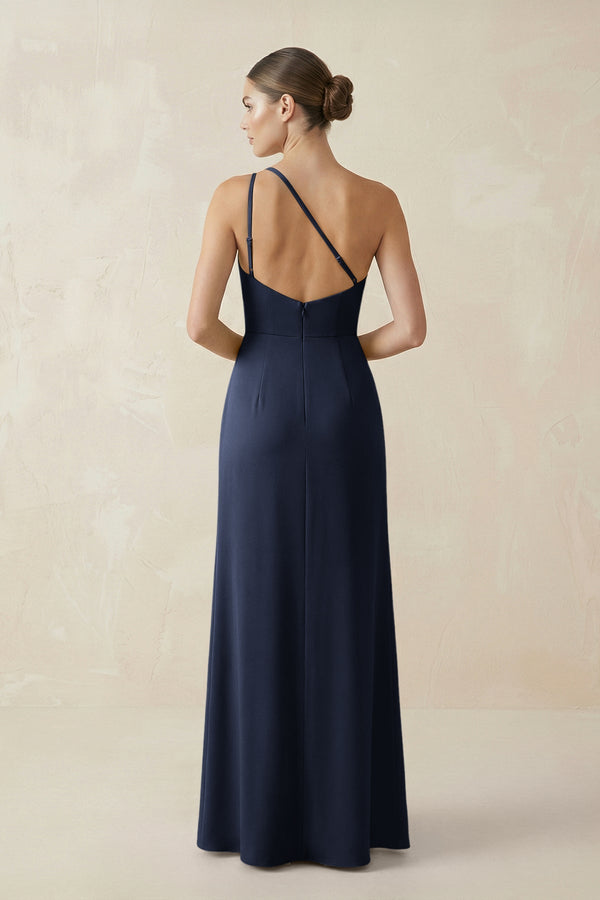 Sheath One - Shoulder Ruched Bridesmaid Dress With Slit in Dark Navy - KISS BRIDAL Bridesmaid Dresses