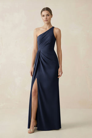 Sheath One - Shoulder Ruched Bridesmaid Dress With Slit in Dark Navy - KISS BRIDAL Bridesmaid Dresses