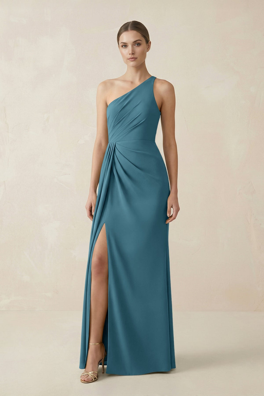 Sheath One - Shoulder Ruched Bridesmaid Dress With Slit in Dark Teal - KISS BRIDAL Bridesmaid Dresses