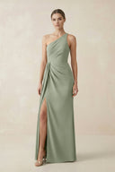 Sheath One - Shoulder Ruched Bridesmaid Dress With Slit in Dove Gray - KISS BRIDAL Bridesmaid Dresses