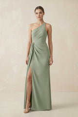 Sheath One - Shoulder Ruched Bridesmaid Dress With Slit in Dove Gray - KISS BRIDAL Bridesmaid Dresses