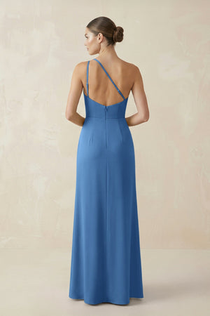 Sheath One - Shoulder Ruched Bridesmaid Dress With Slit in Dusty Blue - KISS BRIDAL Bridesmaid Dresses