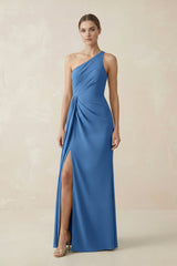 Sheath One - Shoulder Ruched Bridesmaid Dress With Slit in Dusty Blue - KISS BRIDAL Bridesmaid Dresses