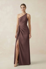 Sheath One - Shoulder Ruched Bridesmaid Dress With Slit in Espresso - KISS BRIDAL Bridesmaid Dresses