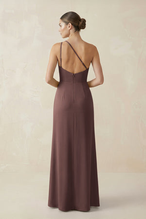 Sheath One - Shoulder Ruched Bridesmaid Dress With Slit in Espresso - KISS BRIDAL Bridesmaid Dresses