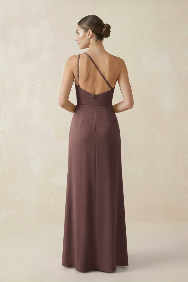 Sheath One - Shoulder Ruched Bridesmaid Dress With Slit in Espresso - KISS BRIDAL Bridesmaid Dresses