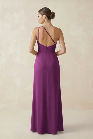 Sheath One - Shoulder Ruched Bridesmaid Dress With Slit in Fig - KISS BRIDAL Bridesmaid Dresses