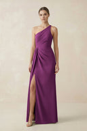 Sheath One - Shoulder Ruched Bridesmaid Dress With Slit in Fig - KISS BRIDAL Bridesmaid Dresses