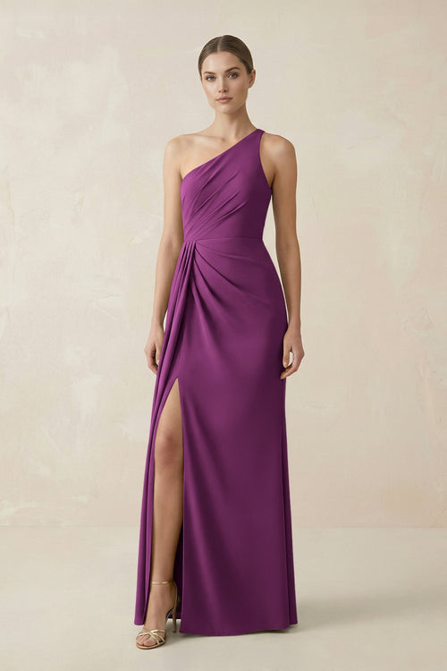 Sheath One - Shoulder Ruched Bridesmaid Dress With Slit in Fig - KISS BRIDAL Bridesmaid Dresses