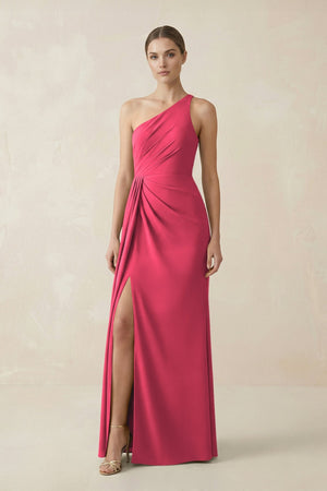 Sheath One - Shoulder Ruched Bridesmaid Dress With Slit in Fuchsia - KISS BRIDAL Bridesmaid Dresses