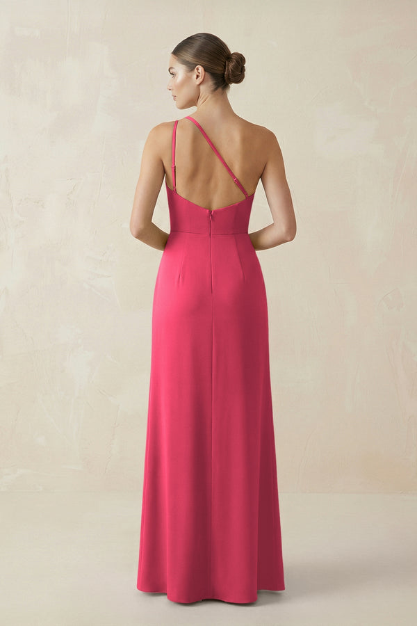 Sheath One - Shoulder Ruched Bridesmaid Dress With Slit in Fuchsia - KISS BRIDAL Bridesmaid Dresses