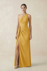 Sheath One - Shoulder Ruched Bridesmaid Dress With Slit in Gold - KISS BRIDAL Bridesmaid Dresses