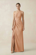 Sheath One - Shoulder Ruched Bridesmaid Dress With Slit in Golden Champagne - KISS BRIDAL Bridesmaid Dresses