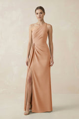 Sheath One - Shoulder Ruched Bridesmaid Dress With Slit in Golden Champagne - KISS BRIDAL Bridesmaid Dresses