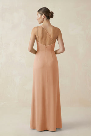Sheath One - Shoulder Ruched Bridesmaid Dress With Slit in Golden Champagne - KISS BRIDAL Bridesmaid Dresses
