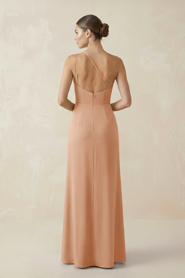 Sheath One - Shoulder Ruched Bridesmaid Dress With Slit in Golden Champagne - KISS BRIDAL Bridesmaid Dresses