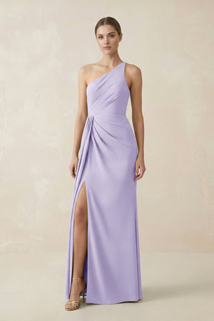Sheath One - Shoulder Ruched Bridesmaid Dress With Slit in Lavender - KISS BRIDAL Bridesmaid Dresses