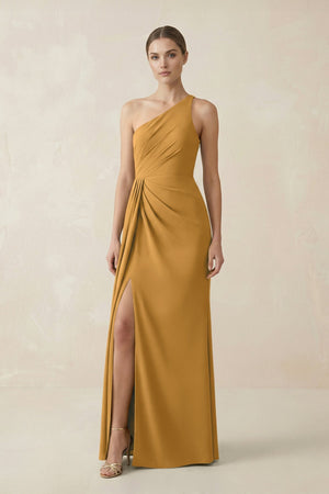 Sheath One - Shoulder Ruched Bridesmaid Dress With Slit in Marigold - KISS BRIDAL Bridesmaid Dresses