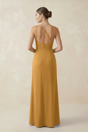 Sheath One - Shoulder Ruched Bridesmaid Dress With Slit in Marigold - KISS BRIDAL Bridesmaid Dresses