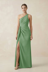 Sheath One - Shoulder Ruched Bridesmaid Dress With Slit in Matcha - KISS BRIDAL Bridesmaid Dresses