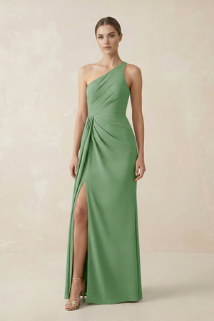 Sheath One - Shoulder Ruched Bridesmaid Dress With Slit in Matcha - KISS BRIDAL Bridesmaid Dresses