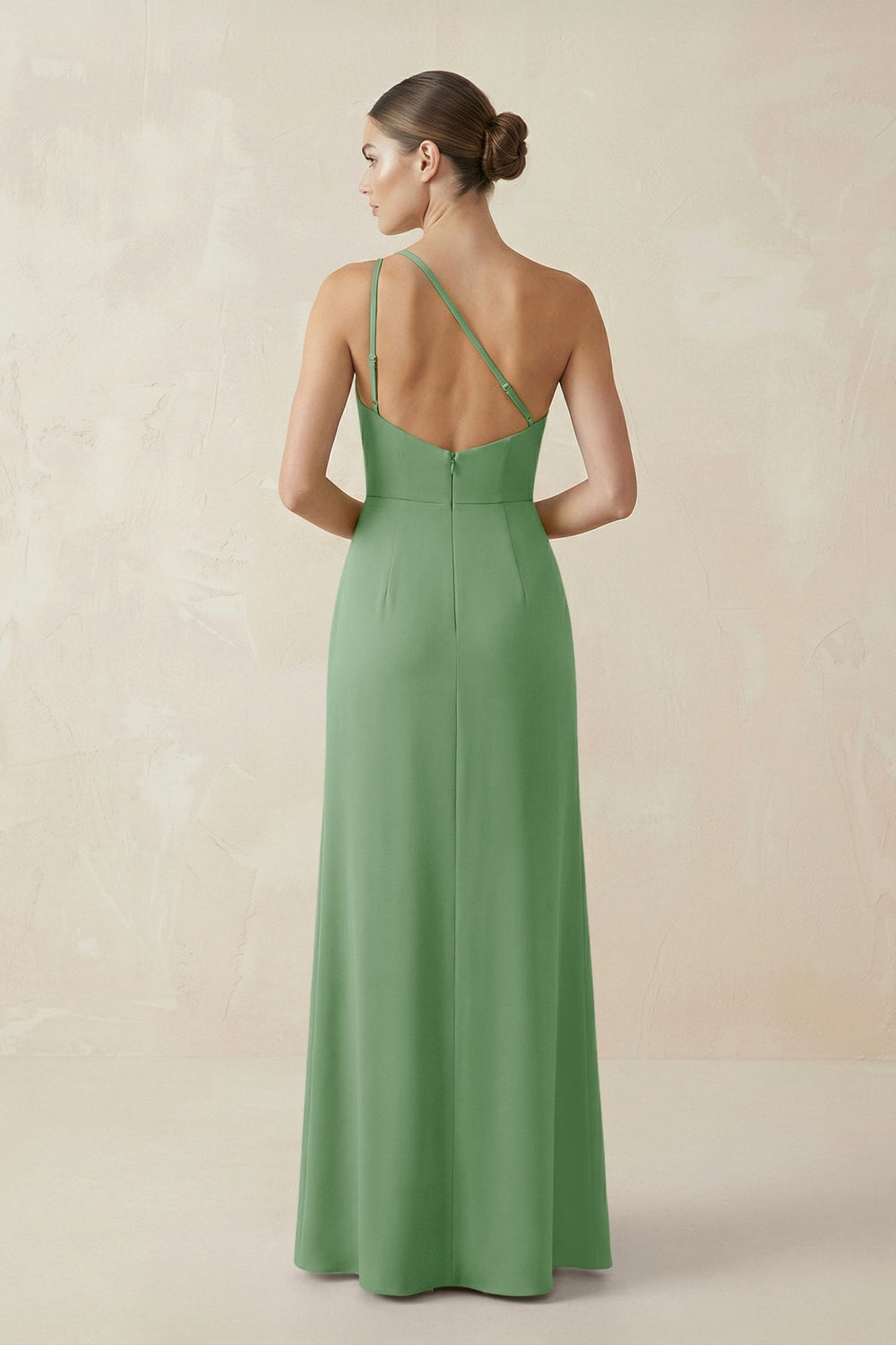Sheath One - Shoulder Ruched Bridesmaid Dress With Slit in Matcha - KISS BRIDAL Bridesmaid Dresses