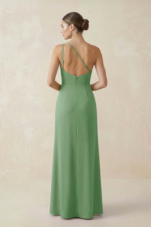 Sheath One - Shoulder Ruched Bridesmaid Dress With Slit in Matcha - KISS BRIDAL Bridesmaid Dresses