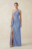 Sheath One - Shoulder Ruched Bridesmaid Dress With Slit in Mist - KISS BRIDAL Bridesmaid Dresses