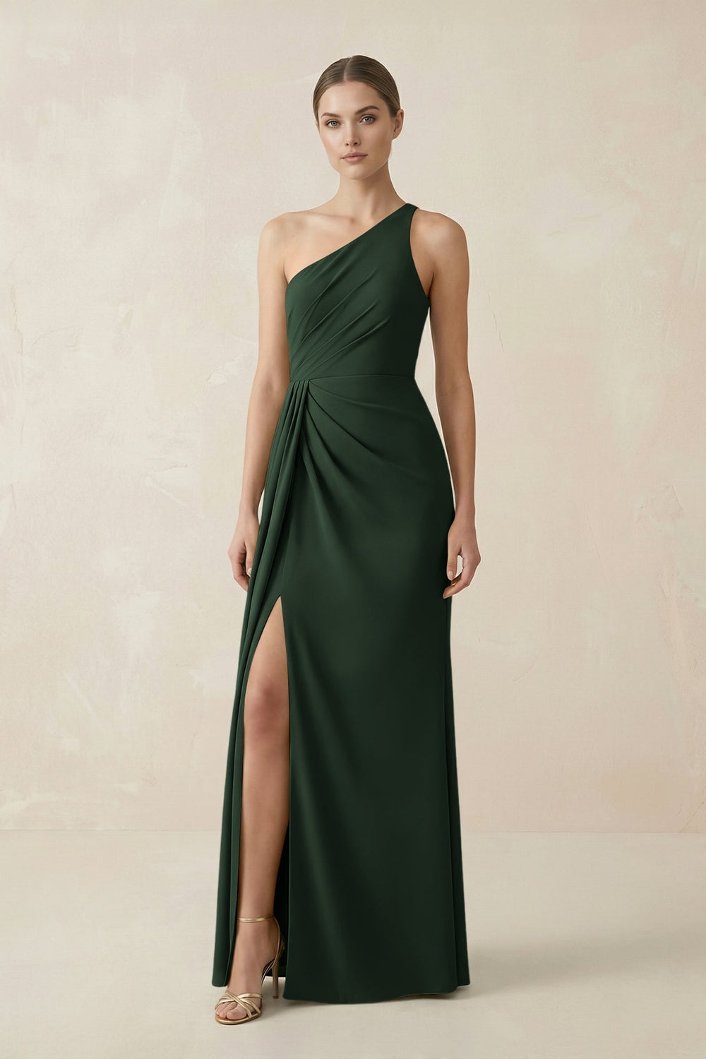 Sheath One - Shoulder Ruched Bridesmaid Dress With Slit in Moss - KISS BRIDAL Bridesmaid Dresses