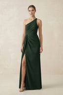 Sheath One - Shoulder Ruched Bridesmaid Dress With Slit in Moss - KISS BRIDAL Bridesmaid Dresses