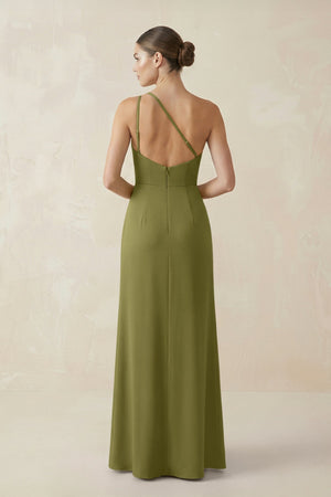 Sheath One - Shoulder Ruched Bridesmaid Dress With Slit in Moss Green - KISS BRIDAL Bridesmaid Dresses