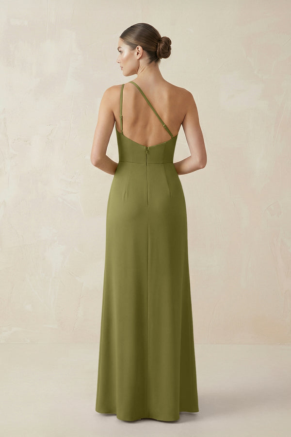 Sheath One - Shoulder Ruched Bridesmaid Dress With Slit in Moss Green - KISS BRIDAL Bridesmaid Dresses