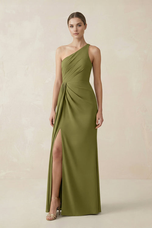 Sheath One - Shoulder Ruched Bridesmaid Dress With Slit in Moss Green - KISS BRIDAL Bridesmaid Dresses