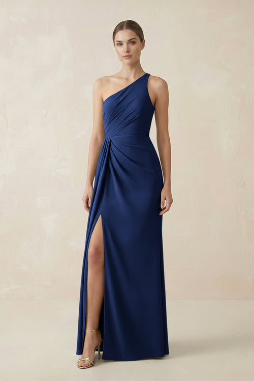 Sheath One - Shoulder Ruched Bridesmaid Dress With Slit in Navy - KISS BRIDAL Bridesmaid Dresses